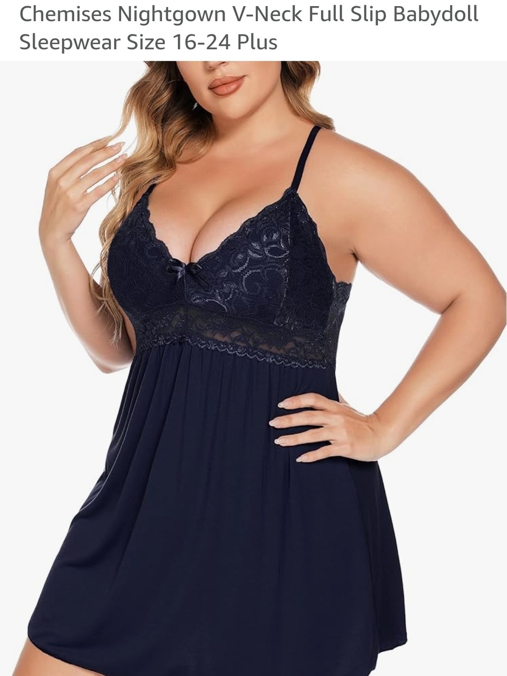 Plus Size Navy Lace Babydoll Chemise Nightgown - V-Neck Sleepwear